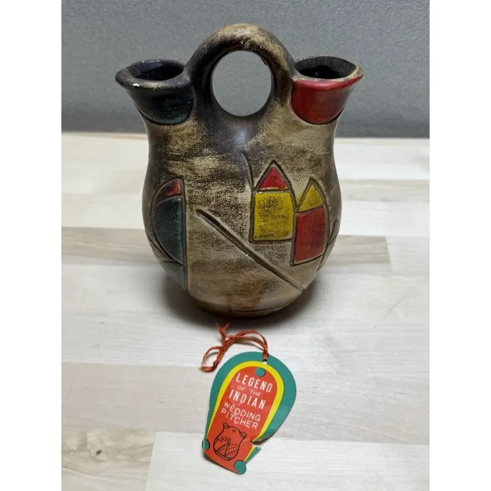 VTG Southwestern Wedding Vase Double Spout Pottery Pitcher Tribal Mid Century‎